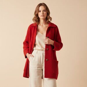 Tahari  Womens Medium Button Collar Red Wool Oversized Cardigan
